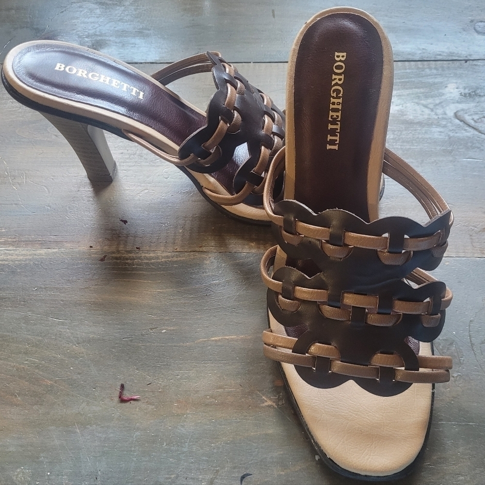 Borghetti Tan and Brown Heeled Sandals Size 7